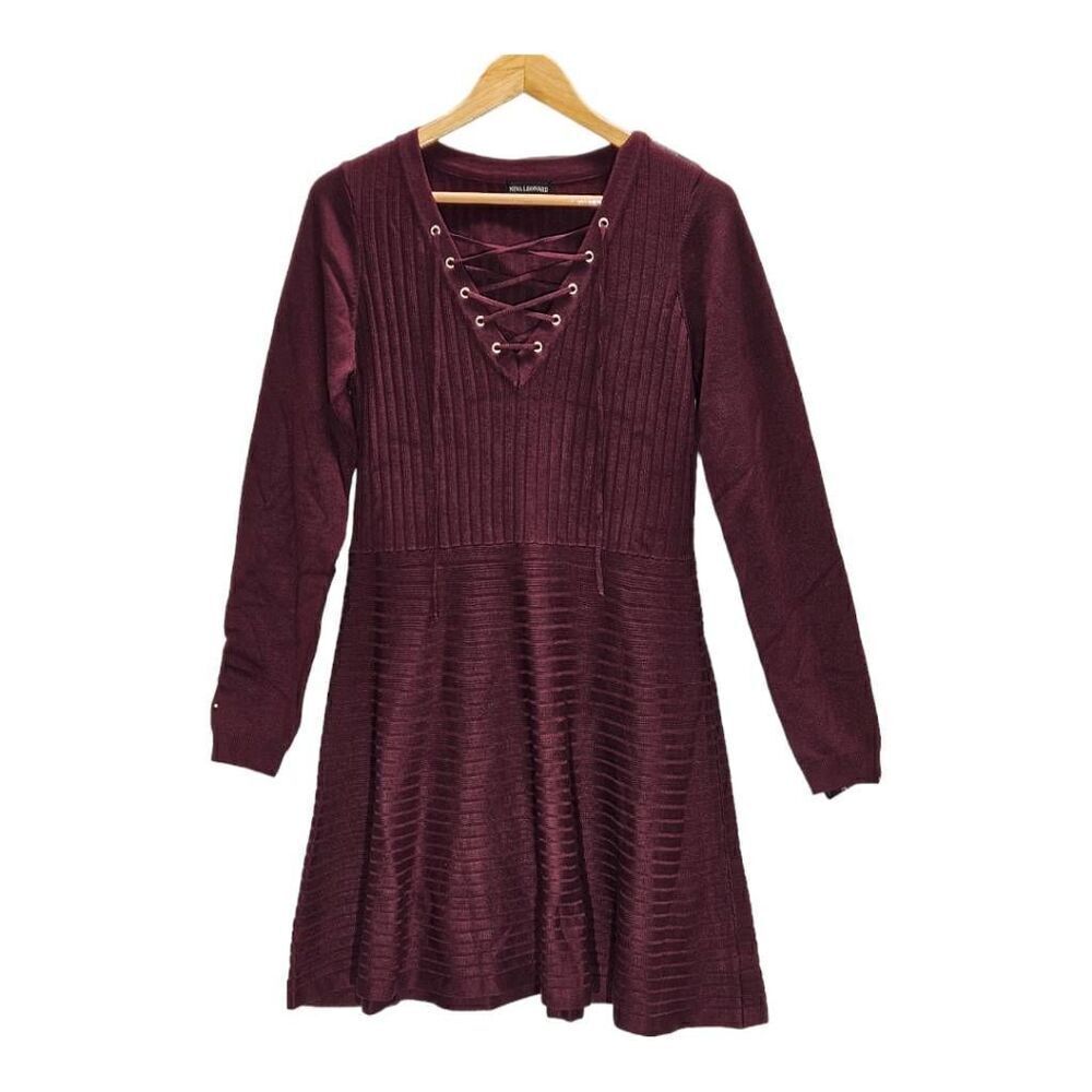 Nina Leonard V-neck Sweater Dress Deep Wine XLarge